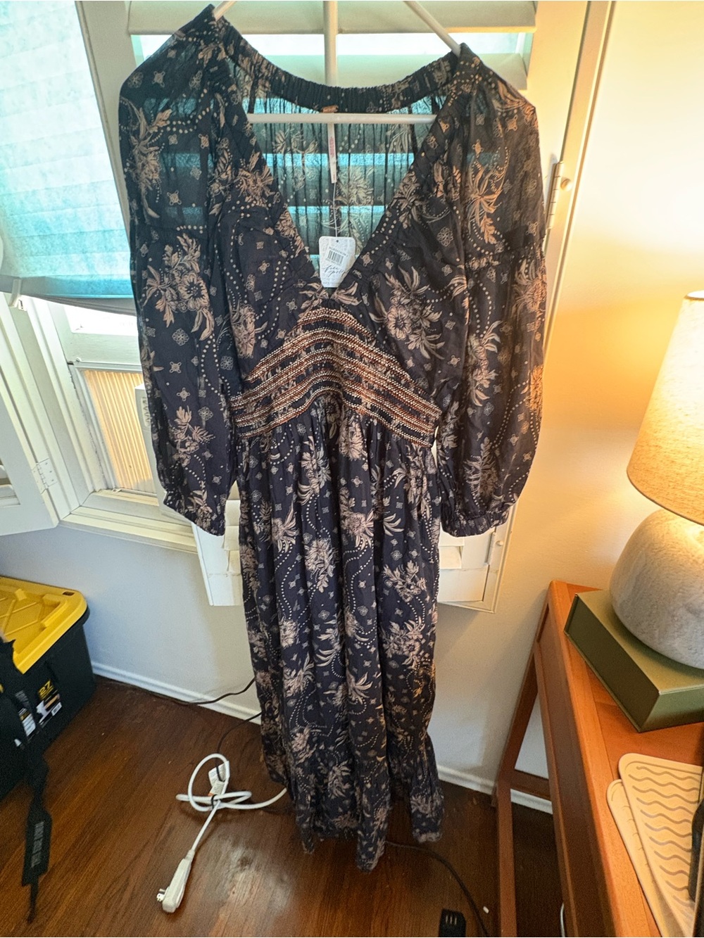 NWT Free People Women's Black Floral Maxi Dress with Smocked Waist